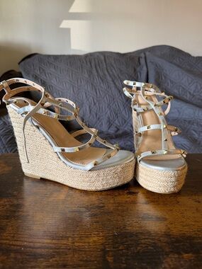 Studded Metallic Silver Espadrille Wedge Sandals